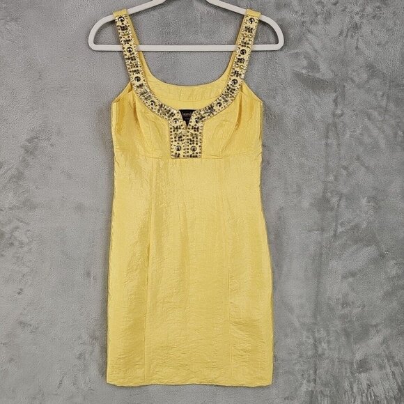 Laundry By Shelli Segal Cocktail Dress Womens 2 Yellow Satin Sequin Rhinestone - Picture 1 of 9